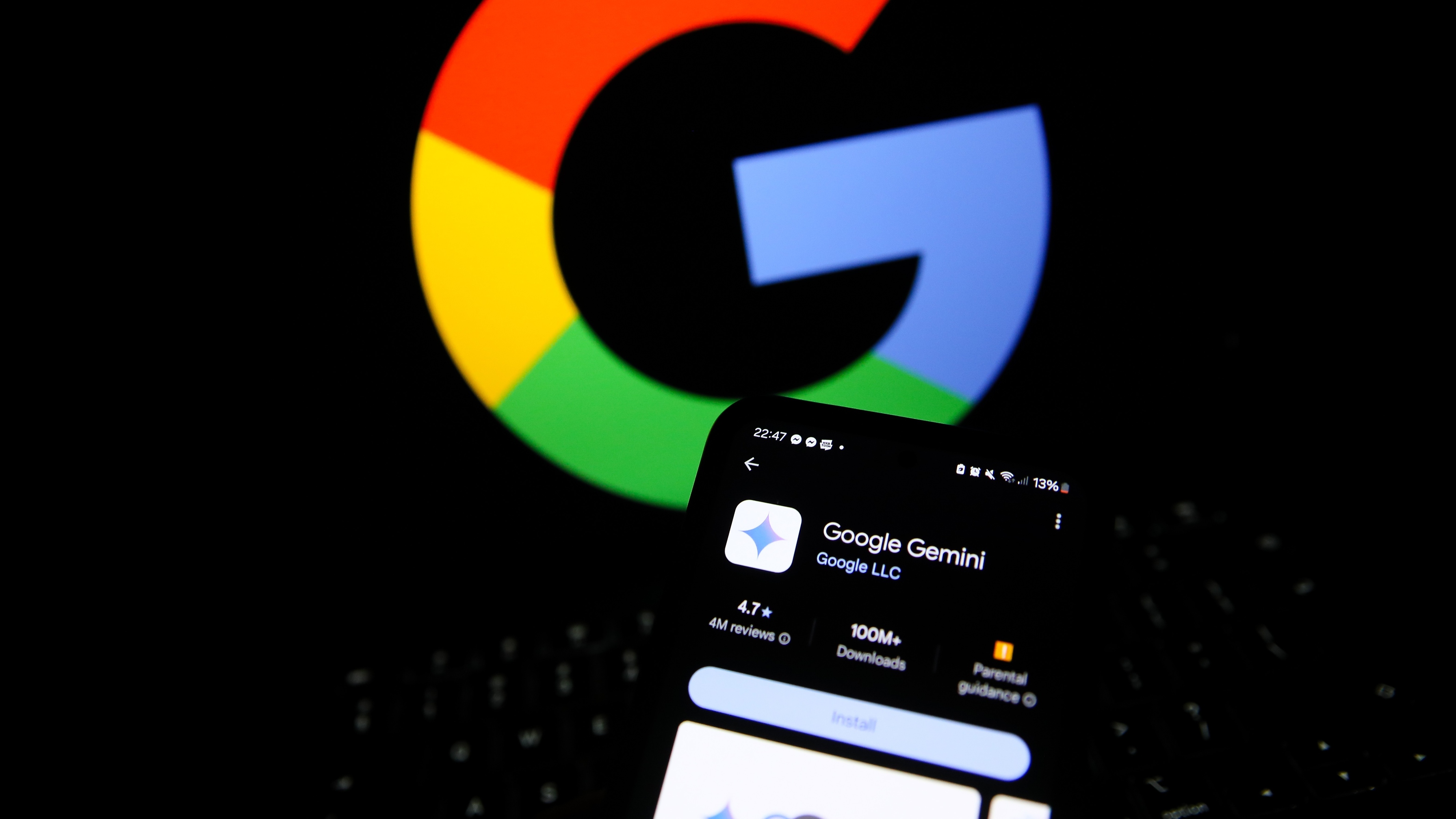 The Google Gemini logo appears on a phone, and the Google logo is displayed on a laptop.