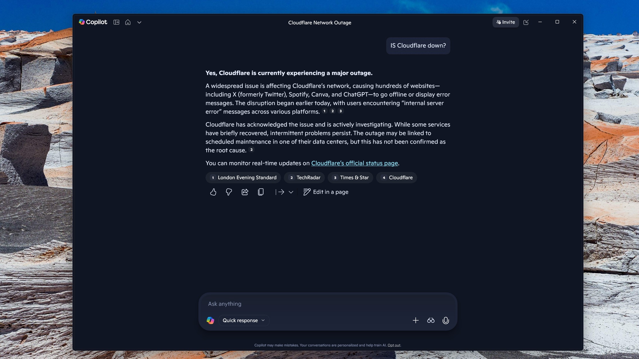 Asking Copilot about the Cloudflare outage while ChatGPT is down.